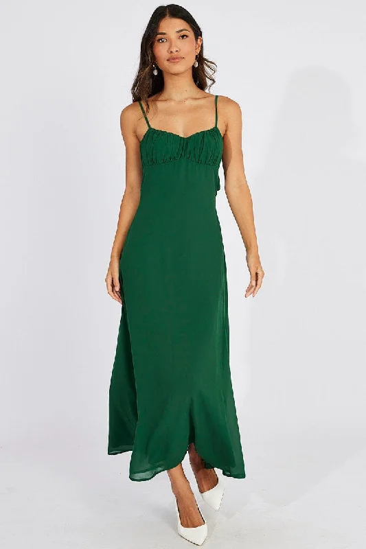 Open-knit overlay dress-Green Maxi Dress Gathered Bust Strappy