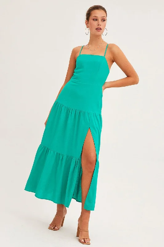 Drawcord relaxed dress-Green Maxi Dress Sleeveless Square Neck Linen Blend