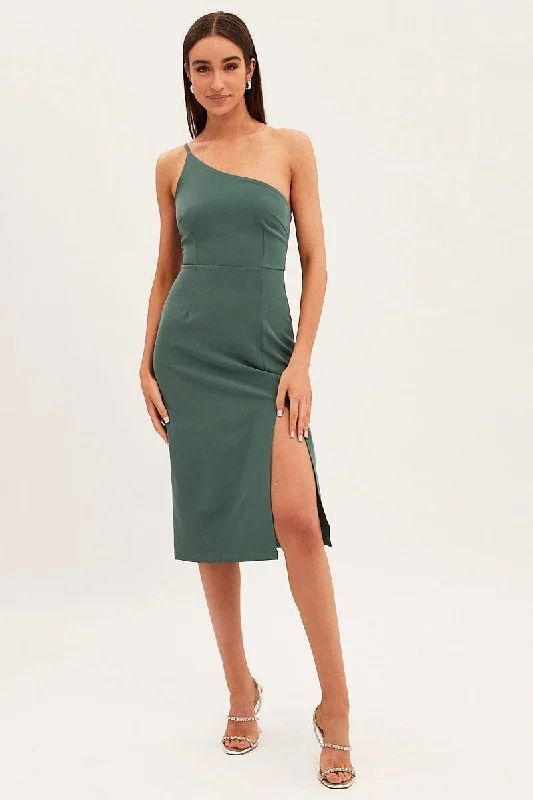 Gabardine overall dress-Green Midi Dress Bodycon