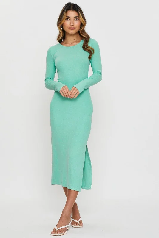 Oasis tropical dress-Green Midi Dress Long Sleeve