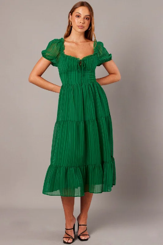 Smooth silk dress-Green Midi Dress Puff Sleeve