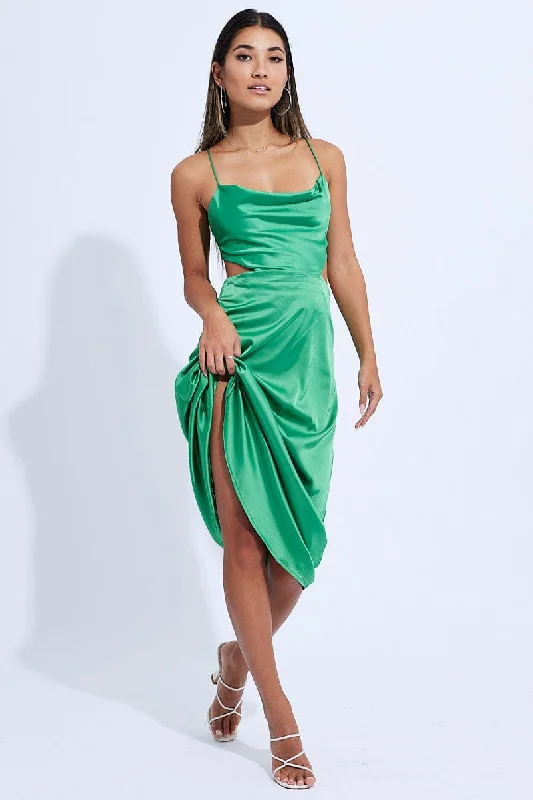 Field gingham dress-Green Midi Dress Satin Cutout