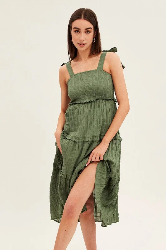 Cerulean deep dress-Green Midi Dress Sleeveless Shirred Texture Cotton