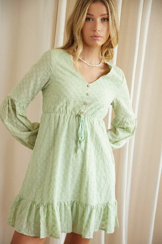 Ruching vintage dress-Green Mini Dress Long Sleeve