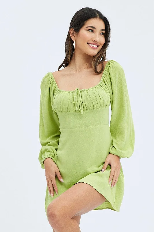 Homespun peasant dress-Green Mini Dress Ruched Bust Long Sleeve