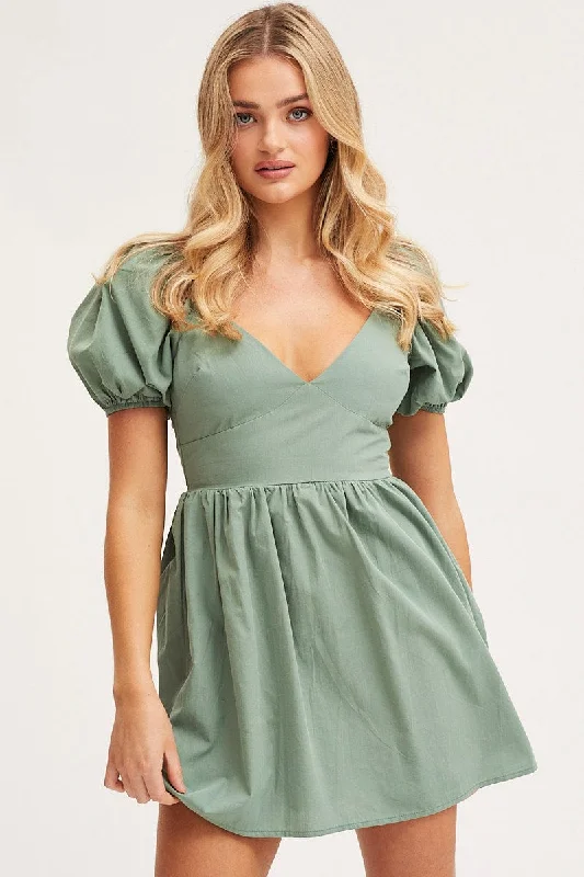 Spiral casual dress-Green Mini Dress Short Sleeve