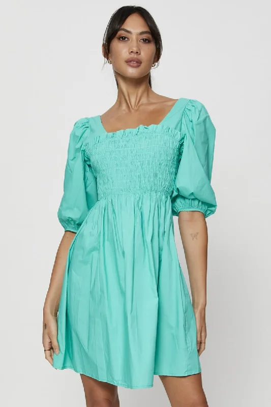 Tulle evening dress-Green Mini Dress Short Sleeve Evening