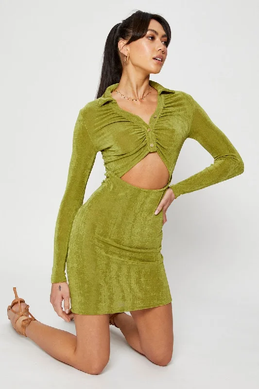 Cloudy boho dress-Green Mini Dress Slinky Jersey Cut Out