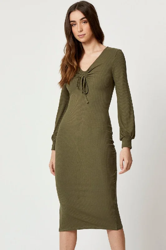 Petaled party dress-Green Ribbed Drawstring Midi Dress