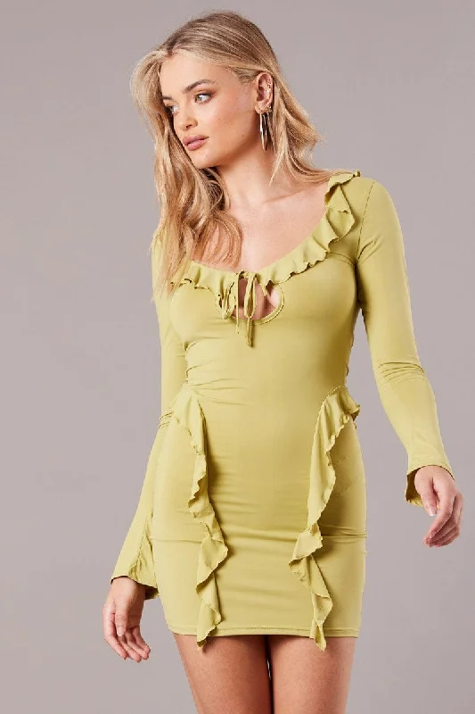 Close gathered dress-Green Ruffle Mini Dress Bell Cuff Bodycon Dress