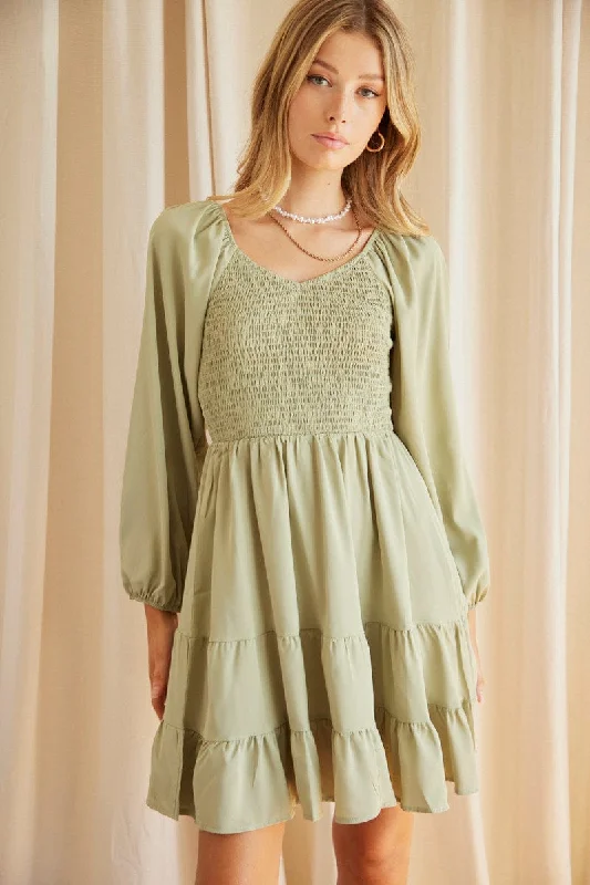 Trail safari dress-Green Shirred Dress Long Sleeve Mini