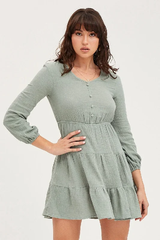 Cerulean deep dress-Green Skater Dress Long Sleeve Mini