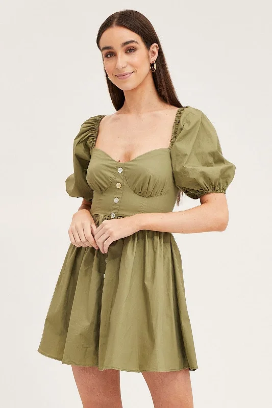 Shine holographic dress-Green Skater Dress Puff Sleeve Mini Sweet Heart Neck