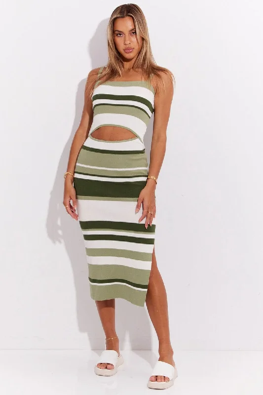 Zebra print dress-Green Stripe Knit Dress Sleeveless Midi Cut Out