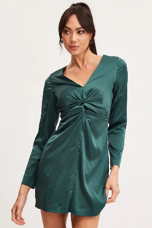 Nomadic embroidered dress-Green Twist Front Dress Long Sleeve Mini