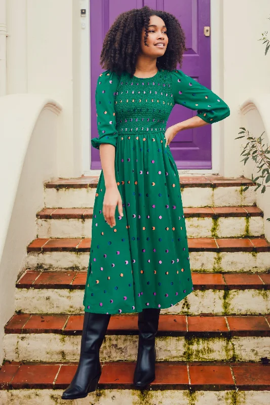 Retro drop-waist dress-Gretel Midi Shirred Dress - Green, Rainbow Shadow Polka