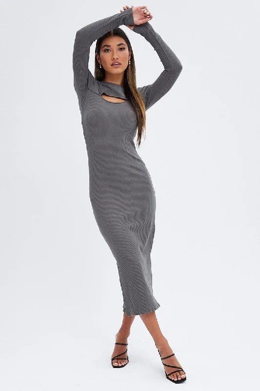 Lasting fit dress-Grey Midi Dress Long Sleeve Mock Neck Cut Out Bodycon