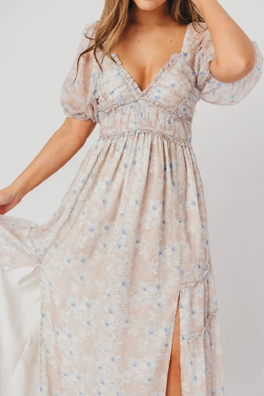 Waffle picnic dress-Daphne Maxi Dress in Beige Blue Floral - Bump Friendly & Inclusive Sizing (S-3XL)