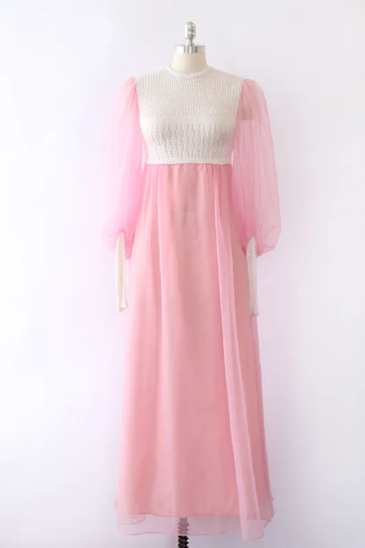 Muslin wrap dress-Hilary Floyd Bubblegum Chiffon and Crochet Maxi XS/S