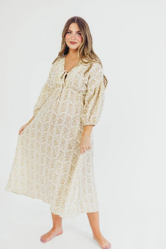 Spark radiant dress-Hunter 100% Cotton Gauze Midi Dress in Natural/Tan Floral - Bump Friendly and Inclusive Sizing