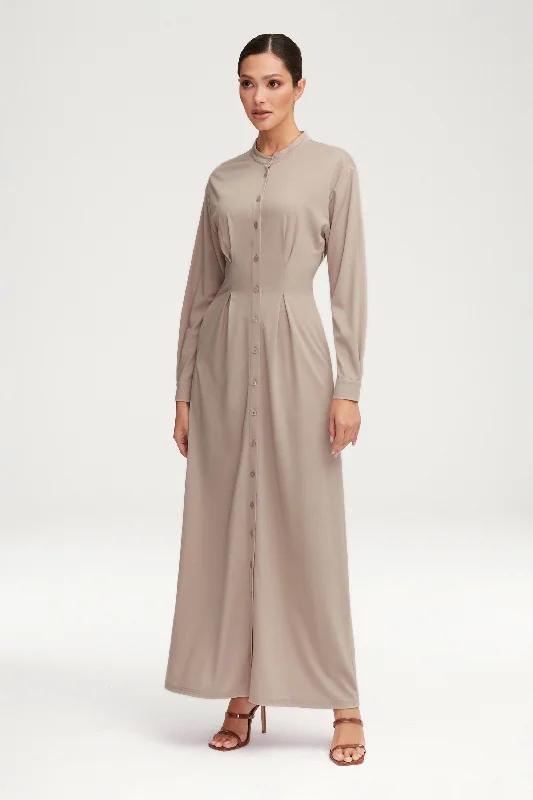 Retro drop-waist dress-Ivy Jersey Button Down Maxi Dress - Stone