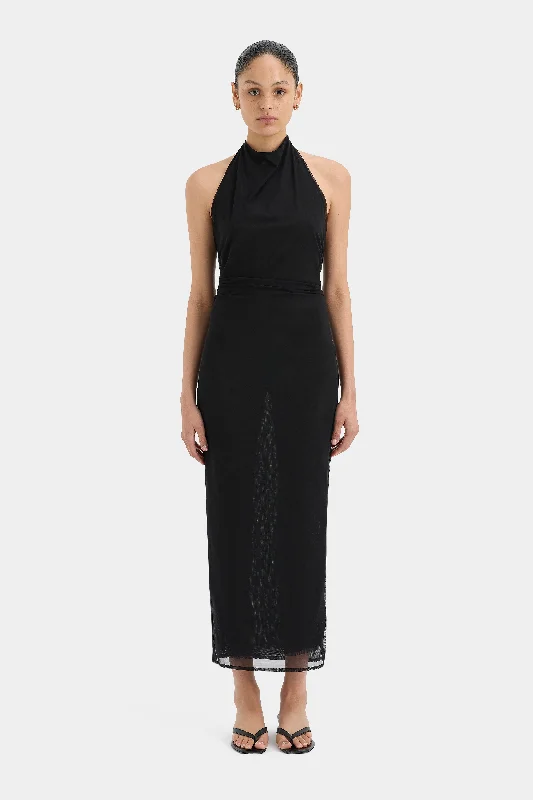 Cinched-waist empire dress-Jacques Mesh Halter Midi Dress