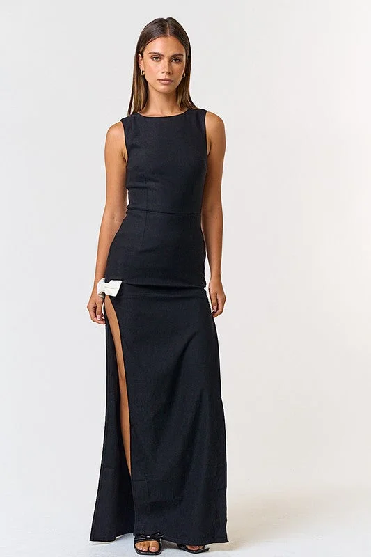 Silky draped dress-Jana High Slit Bow Sleeveless Maxi Dress