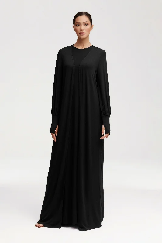 Draped evening dress-Jenin Jersey Open Abaya & Maxi Dress Set - Black