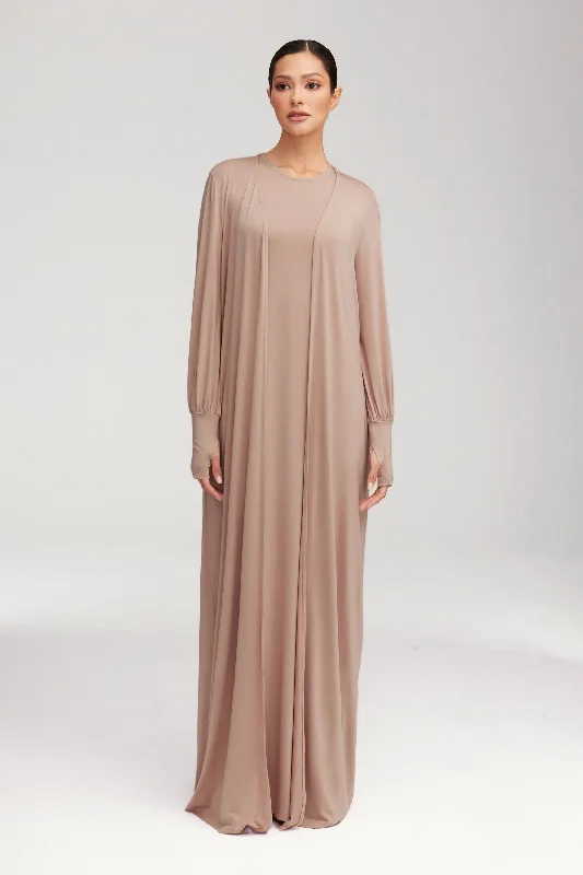 Flocked fall dress-Jenin Jersey Open Abaya & Maxi Dress Set - Mink