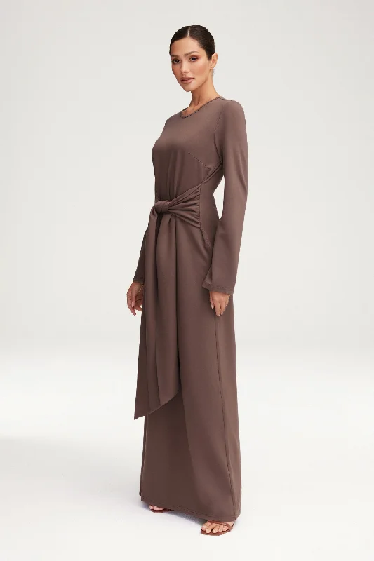 Frilled embroidered dress-Jersey Tie Front Maxi Dress - Dark Taupe