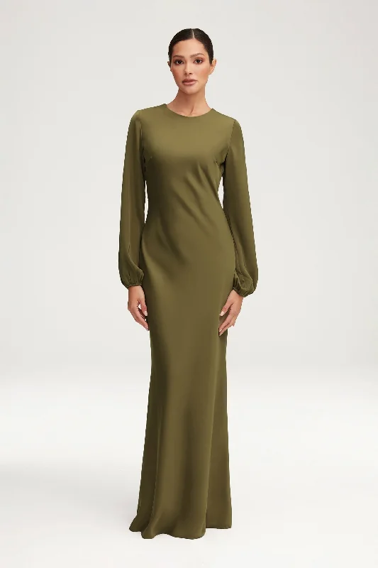 Ebony work dress-Kamila Satin Maxi Dress - Olive Night