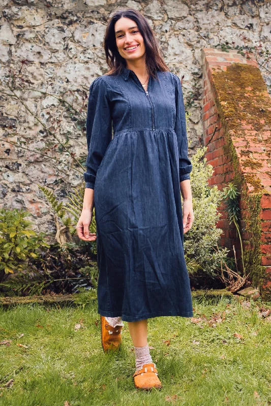 Soft-fade gradient dress-Kirsty Midi Smock Dress - Mid-Blue Denim