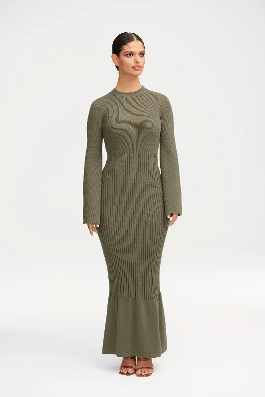 Wine evening dress-Kourtney Ribbed Knit Maxi Dress - Sage