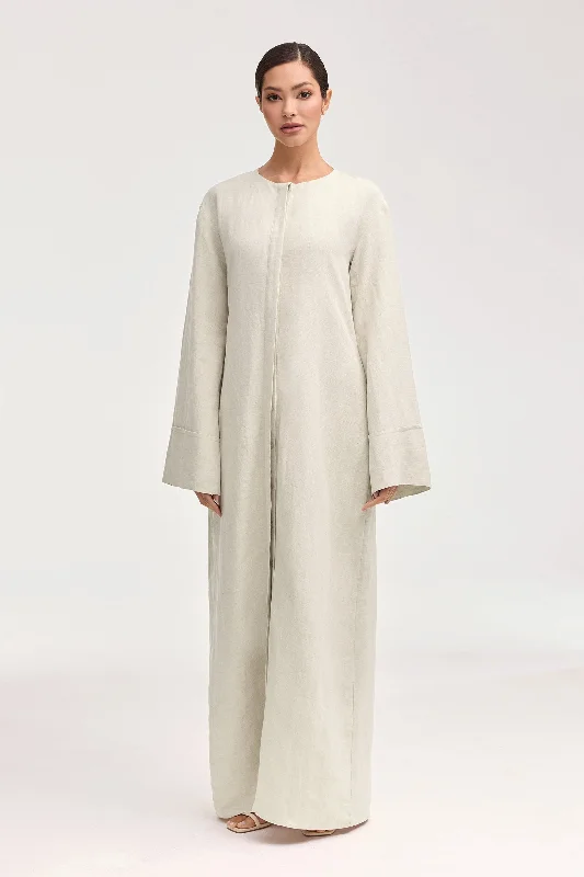 Fleecy sweater dress-Lana Linen Button Down Maxi Dress - Oatmeal