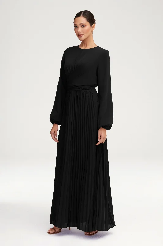 Airy wrap dress-Layana Pleated Wrap Waist Maxi Dress - Black