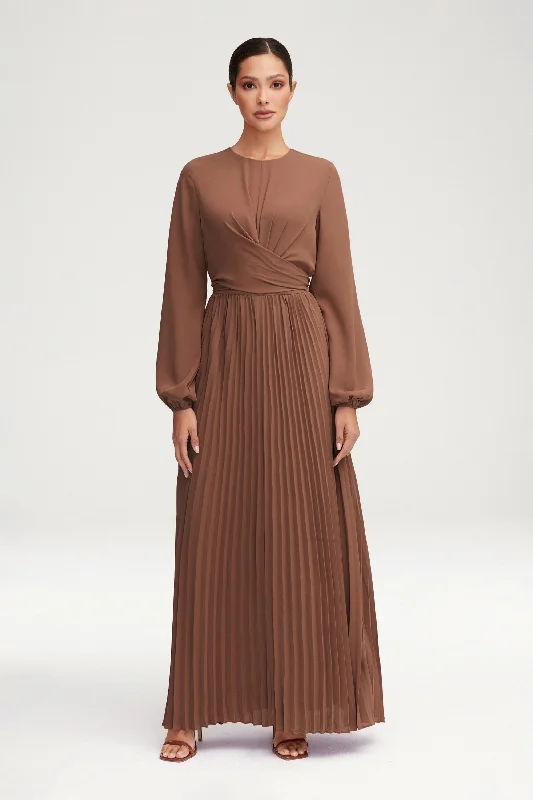 Elite cocktail dress-Layana Pleated Wrap Waist Maxi Dress - Pecan