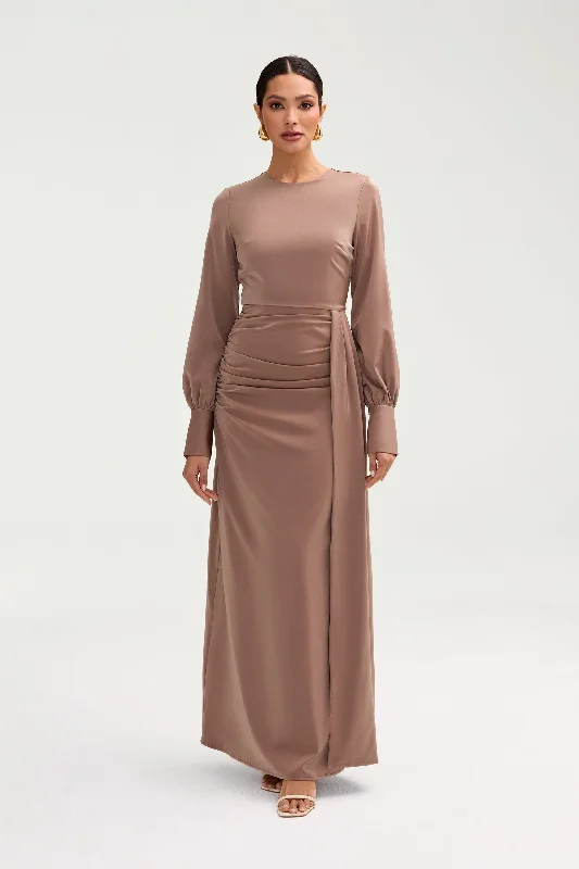 Bloom muted dress-Laylani Satin Rouched Maxi Dress - Taupe