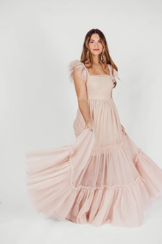 Bud garden dress-Bella Tiered Tulle Maxi Dress in Peachy Nude - Bump Friendly & Inclusive Sizing (S-3XL)