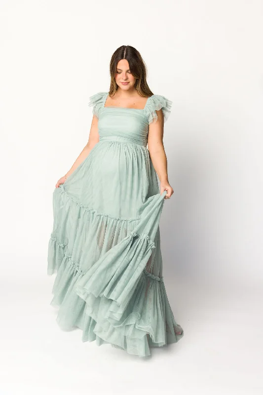 Gusty vacation dress-Bella Tiered Tulle Maxi Dress in Sage - Bump Friendly & Inclusive Sizing (S-3XL)