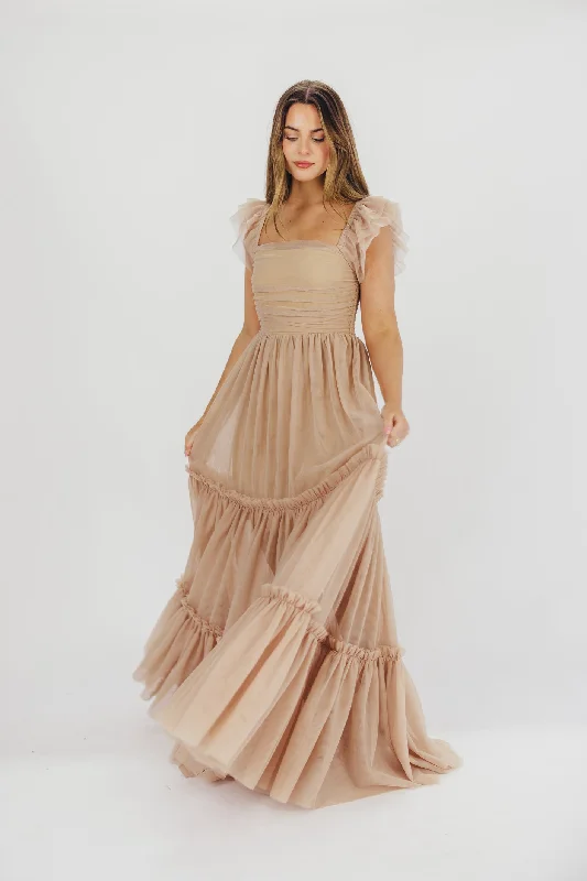 Safari street dress-Bella Tiered Tulle Maxi Dress in Taupe - Bump Friendly & Inclusive Sizing (S-3XL)