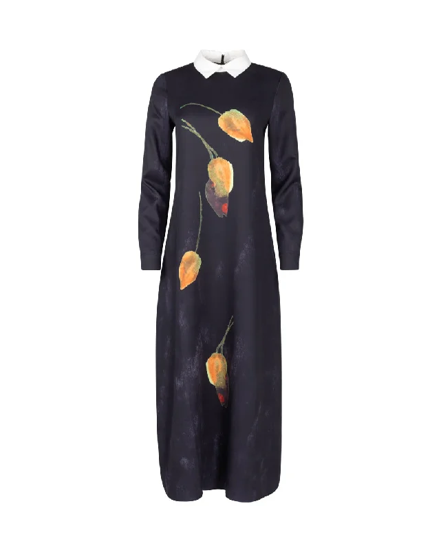 Steady neat dress-Leaf Print Collared Dress