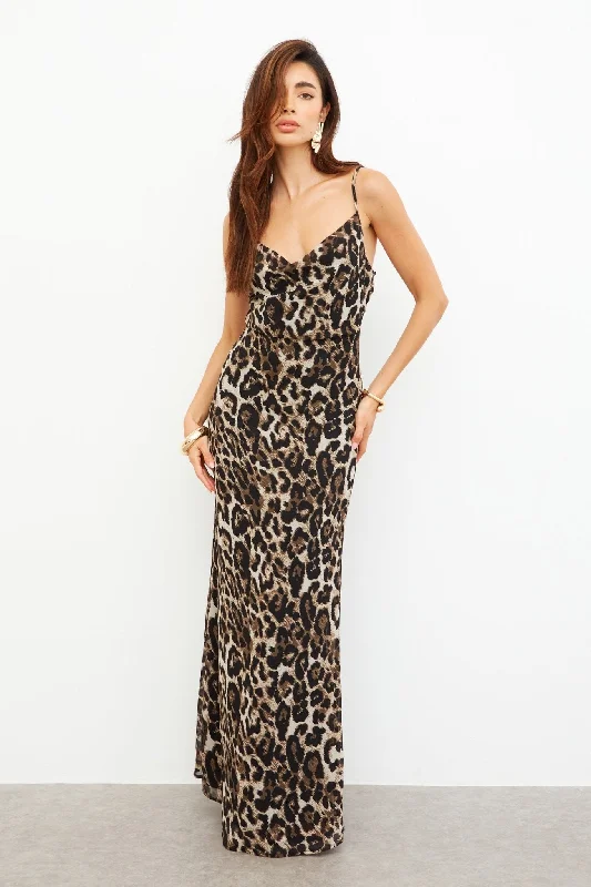 Fleecy wool dress-LEOPARD COWL NECK MAXI DRESS