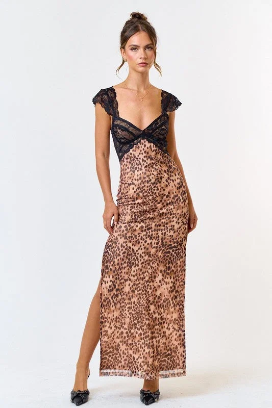 Lined prism dress-Leopard & Lace Side Slit Maxi Dress