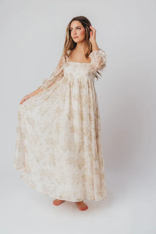 Cinched-waist empire dress-Mona Maxi Dress with Smocking in Cream Floral - Bump Friendly & Inclusive Sizing (S-3XL)