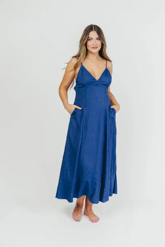 Pull-on vacation dress-Ivy Linen-Blend Open Back Maxi Dress in Denim Blue