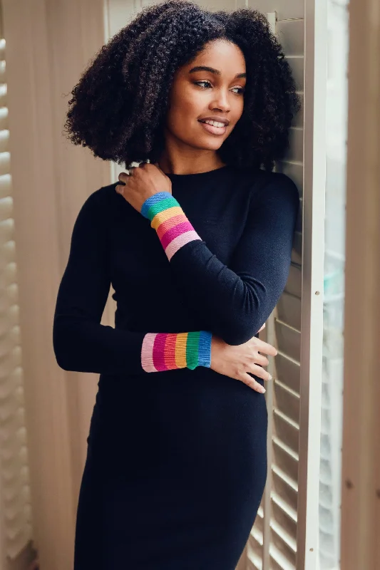 Perforated trendy dress-Liselle Midi Knit Dress - Black, Rainbow Stripe Cuffs