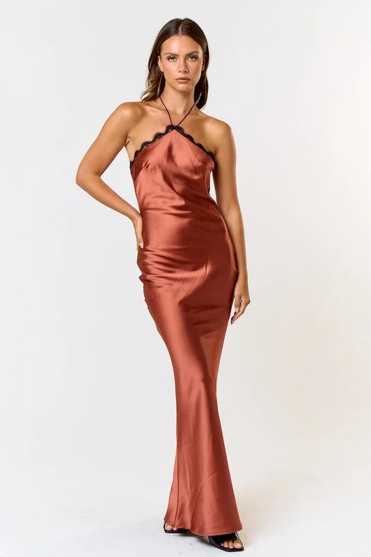 Glossy sleek dress-Love In Your Life Satin Rust Brown Halter Maxi Dress