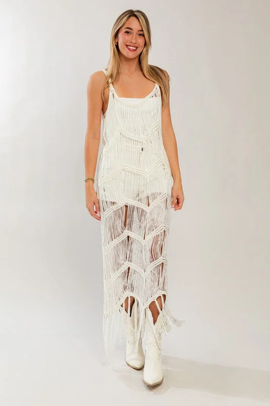 Dappled shirt dress-Madrid Knit Crochet Fringe Maxi Dress