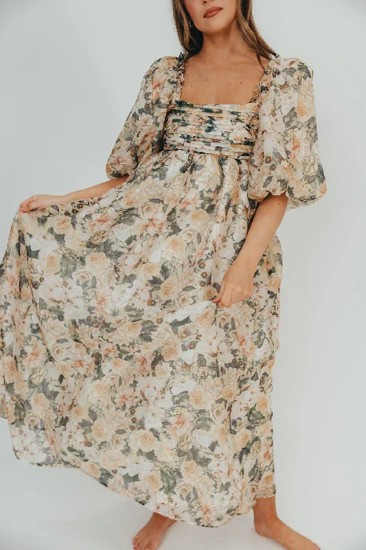 Flannel chic dress-Melody Maxi Dress with Pleats and Bow Detail in Champagne Floral - Bump Friendly & Inclusive Sizing (S-3XL)