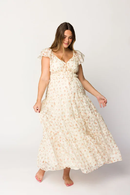 Midnight velvet dress-Charming Floral & Gingham Ruffled Maxi Dress in Cream/Peach Floral